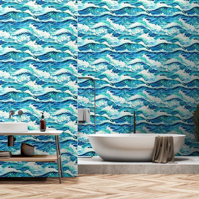 Ocean waves blue white coastal waters island wallpaper (Bathroom)