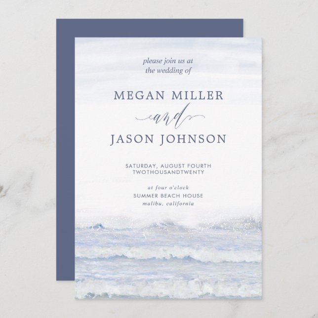 Ocean Waves, Blue, White Watercolor Wedding Invitation (Front/Back)