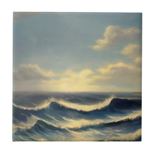 ocean waves cloudy sky nautical painting ceramic tile