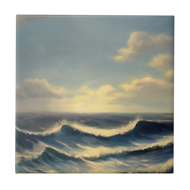 ocean waves cloudy sky nautical painting ceramic tile (Front)