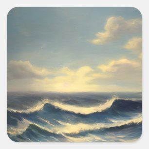 ocean waves cloudy sky nautical painting square sticker
