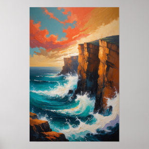 Ocean Waves Crashing Against Cliffs Coastal Art Poster