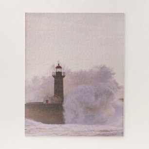 Ocean Waves Crashing Against Lighthouse Jigsaw Puzzle