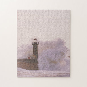 Ocean Waves Crashing Against Lighthouse Jigsaw Puzzle