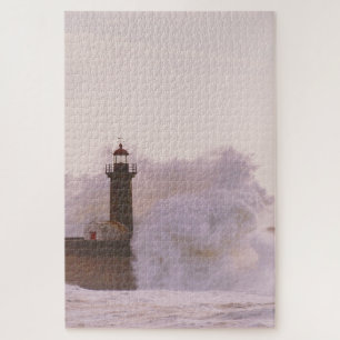 Ocean Waves Crashing Against Lighthouse Jigsaw Puzzle