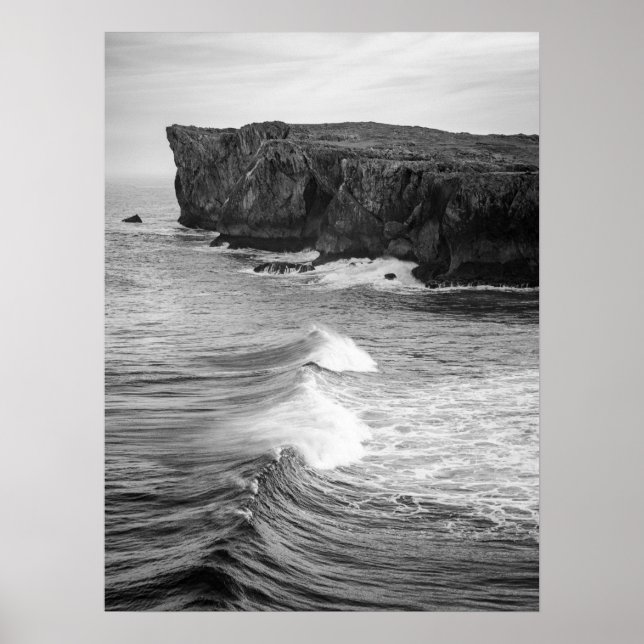 Ocean Waves Crashing Against Rocky Coastal Cliffs Poster (Front)