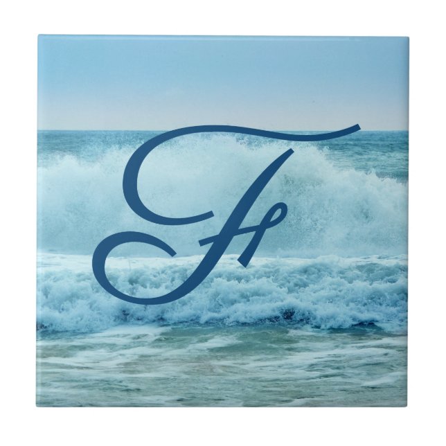 Ocean Waves Crashing Beach Coastal Monogram Tile (Front)
