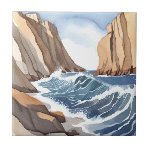 Ocean Waves Crashing Coastal Beach Watercolor Ceramic Tile