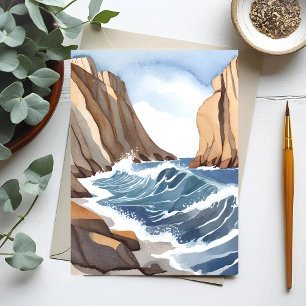 Ocean Waves Crashing Coastal Beach Watercolor Postcard