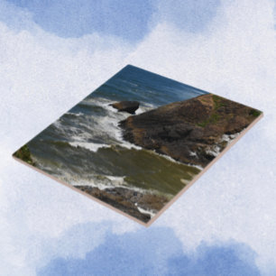 Ocean Waves Crashing on Rocky Coastline Seascape Ceramic Tile