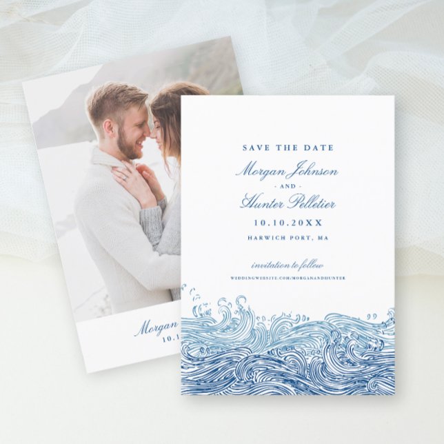 Ocean Waves Elegant Navy Wedding Save The Date (Blue Ocean Waves Photo Save the Date in elegant navy blue from Concertina Press)