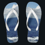 Ocean Waves Fluffy White Clouds Blue Sky Thongs<br><div class="desc">My Original Photography Design. Pretty Blue Sky with Fluffy White Clouds, Blue Sea and White Foam Ocean Waves Unisex Flip Flops. Click CUSTOMIZE IT to Personalise with your name or text. Shown with Wide White Straps and White Footbed. Choose your style flip flops from options (Slim Straps comes in different...</div>