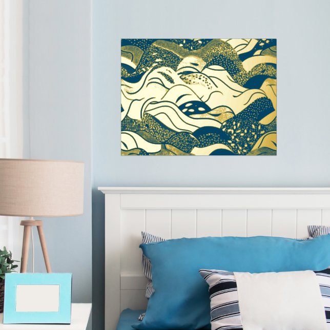 Ocean Waves Gold Foil With a Dark Blue Background Prints (In Situ (Bedroom))