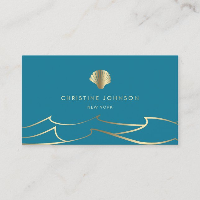 ocean waves golden seashell on mosaic blue business card (Front)