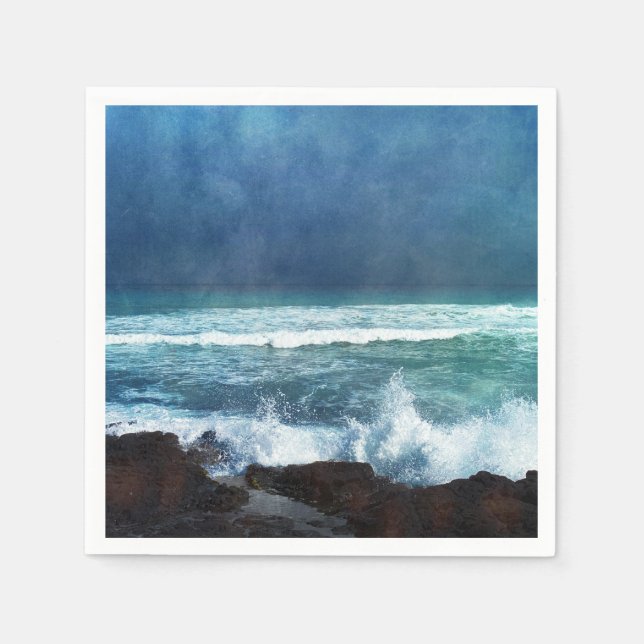 Ocean Waves in Hawaii - Aqua Teal Blue Navy Napkin (Front)