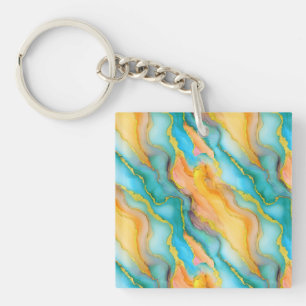 Ocean Waves in Teal and Yellow-Orange Pattern Key Ring