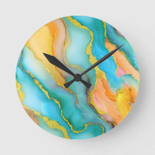 Ocean Waves in Teal and Yellow-Orange Pattern Round Clock
