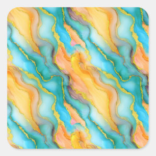 Ocean Waves in Teal and Yellow-Orange Pattern Square Sticker