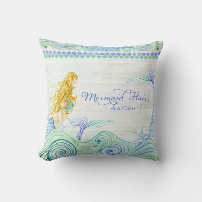 Ocean Waves Mermaid Hair Tail Wooden Saying Sign Cushion (Front)