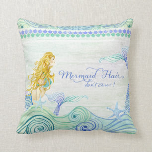 Ocean Waves Mermaid Hair Tail Wooden Saying Sign Cushion