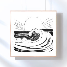 Ocean Waves Minimalist Black & White Poster