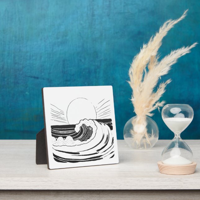 Ocean Waves Modern Black & White Art Drawing Plaque (Insitu)