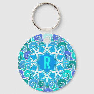 Ocean Waves Nautical Beach Starfish Monogram Blue Key Ring