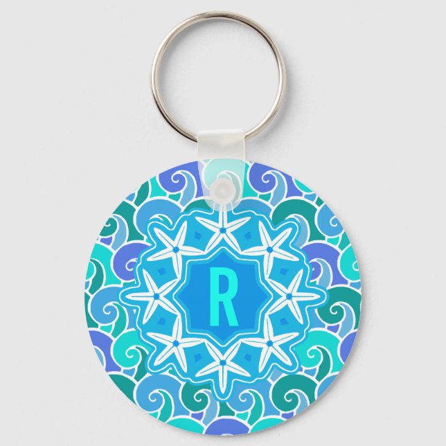 Ocean Waves Nautical Beach Starfish Monogram Blue Key Ring (Front)