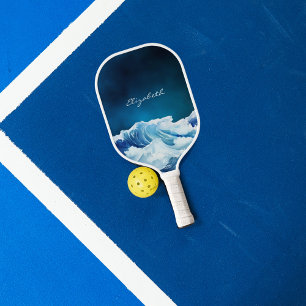 Ocean waves navy blue name script pickleball paddle