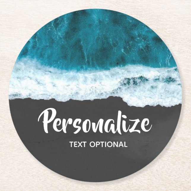 Ocean Waves on Black Sand Beach Round Paper Coaster (Front)