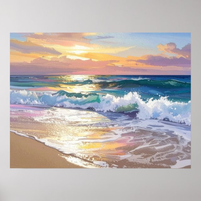 Ocean Waves on the Beach in the Sunshine Art Poster (Front)
