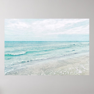 Ocean Waves Painting Aqua Light Blue Watercolor Poster