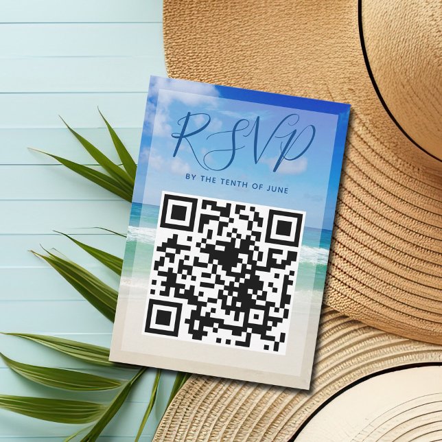 Ocean Waves Photo QR Code Beach Wedding RSVP Card (Creator Uploaded)