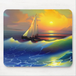 Ocean Waves, Sailboat and Sunset Reflection Mouse Pad