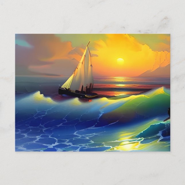 Ocean Waves, Sailboat and Sunset Reflection Postcard (Front)