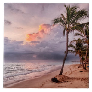 Ocean Waves Sandy Beach Sunset Ceramic Tile