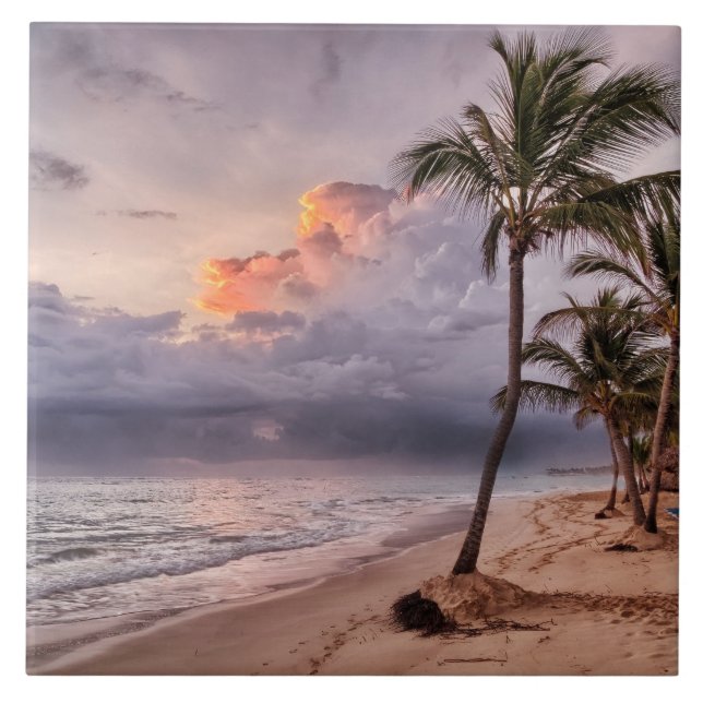 Ocean Waves Sandy Beach Sunset Ceramic Tile (Front)