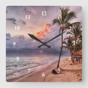 Ocean Waves Sandy Beach Sunset Square Wall Clock