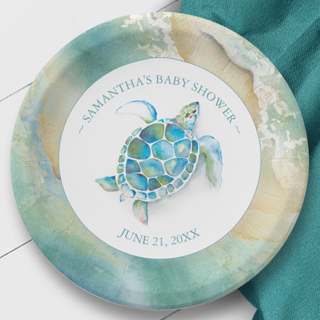 Ocean Waves Sea Turtle Baby Shower Paper Plate (Baby shower party decor sea turtle beach theme art by Victoria Grigaliunas.)