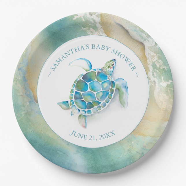 Ocean Waves Sea Turtle Baby Shower Paper Plate (Front)