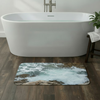 Ocean Waves Seafoam on Rocky Coast Bath Mat