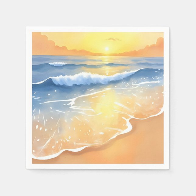 Ocean Waves Sunset | Beach Watercolor Napkin (Front)