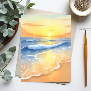 Ocean Waves Sunset Beach Watercolor Postcard
