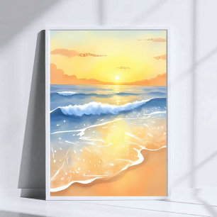 Ocean Waves Sunset   Beach Watercolor Poster