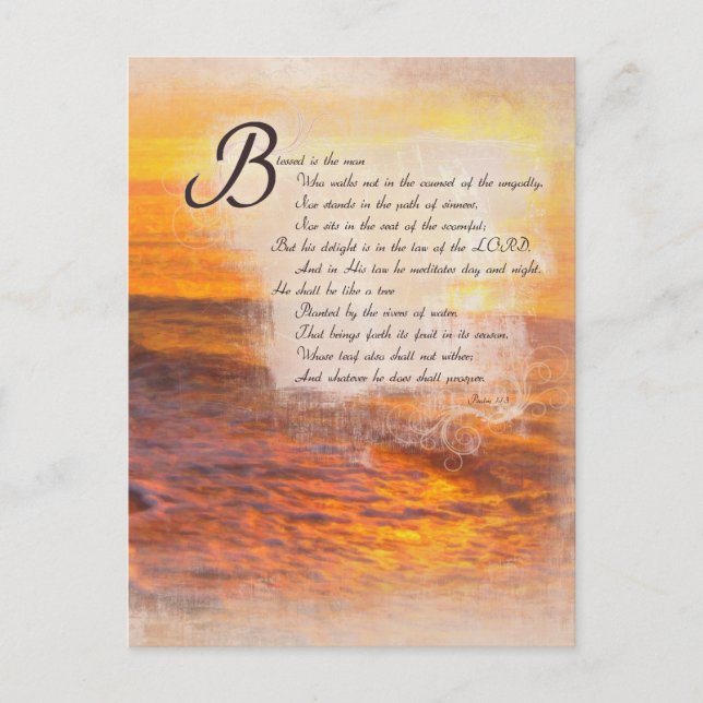 Ocean Waves Sunset Bible Scriptures Psalms 1:1 Postcard (Front)