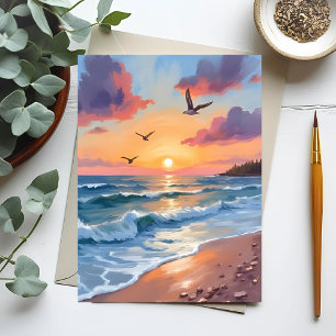 Ocean Waves Sunset   Oil Painting Coastal Beach Postcard