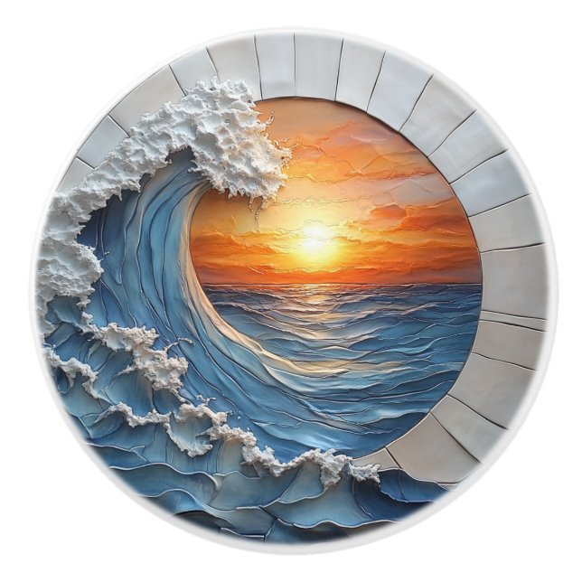 Ocean Waves Sunset Tile Scene Ceramic Knob (Front)