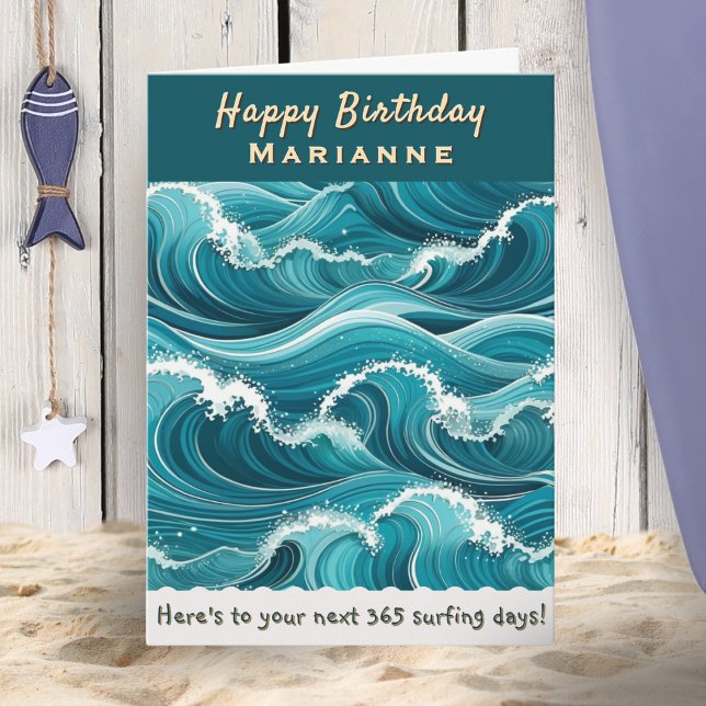 Ocean Waves Surfing Custom Name Happy Birthday Card (A personalized birthday card for a keen surfer, with turquoise ocean waves design)