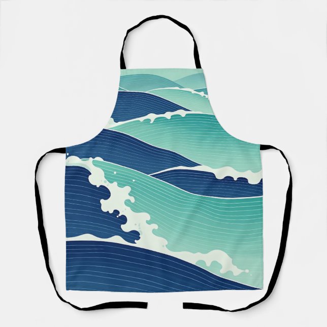 Ocean Waves Teal Blue Japanese Style Apron (Front)