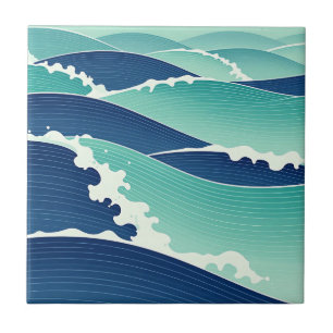 Ocean Waves Teal Blue Japanese Style Ceramic Tile